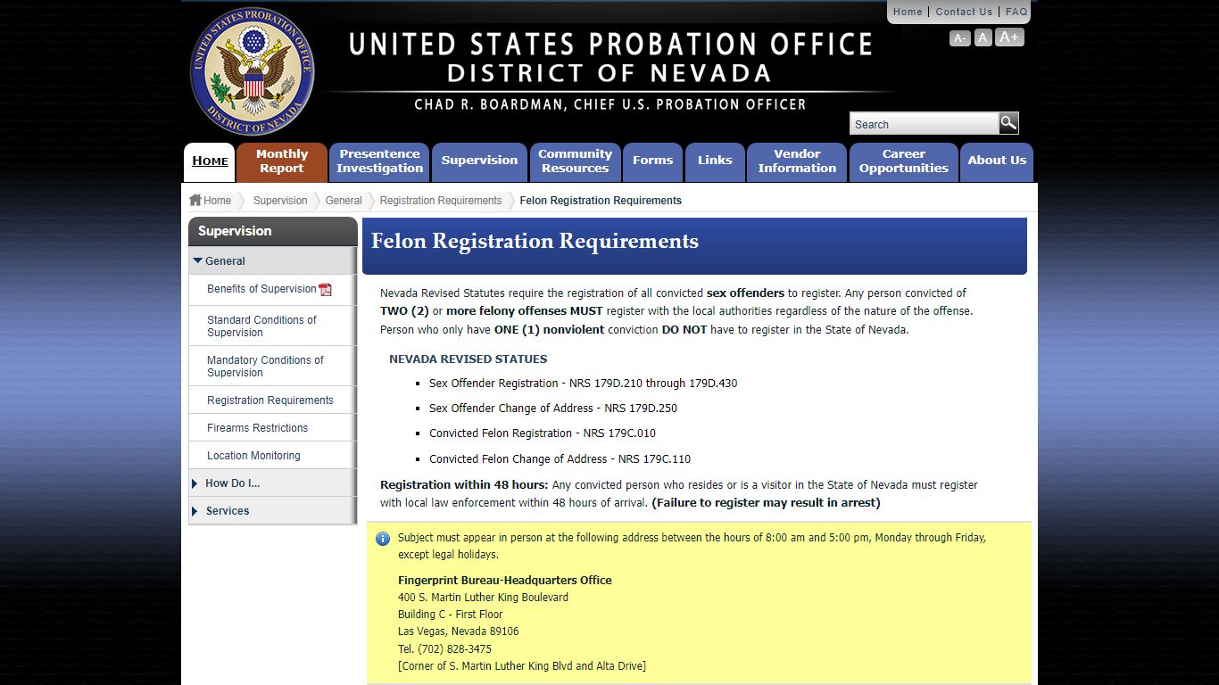 Felon Registration Requirements | U.S. Probation Office, District of Nevada