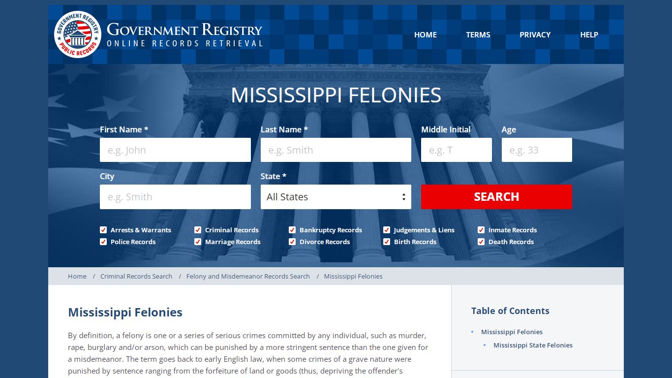 Mississippi Felonies | GovernmentRegistry.org
